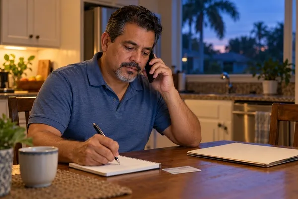 Man takes notes during a phone call at his kitchen table with identification and a document folder nearby.