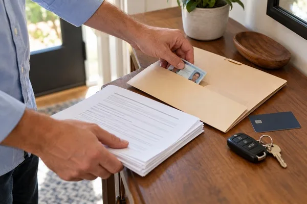Man organizes paperwork and photo ID in a folder, with a payment card and car keys nearby.